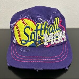 Y2K Leader Cadet Hat Cap Purple Softball Mom Rhinestones Distressed Embroidered